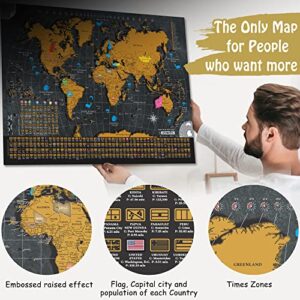 OVANTO Scratch Off World Map - 17x24 World Map Poster, The Only Travel Map with Super Easy Scratch Foil, Flags, Capitals, Population, Monuments, Landmarks, Time Zones. Extra Accessories in a Gift Box