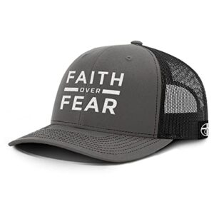 our true god faith over fear back mesh hat christian inspirational gift baseball cap (charcoal front black mesh) medium-large