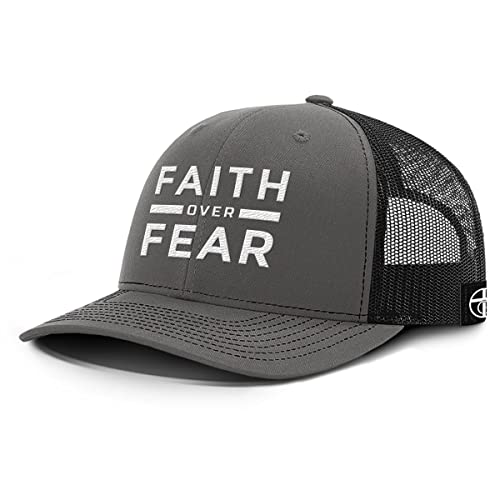 Our True God Faith Over Fear Back Mesh Hat Christian Inspirational Gift Baseball Cap (Charcoal Front Black Mesh) Medium-Large