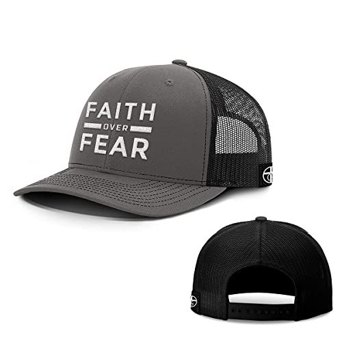 Our True God Faith Over Fear Back Mesh Hat Christian Inspirational Gift Baseball Cap (Charcoal Front Black Mesh) Medium-Large