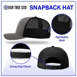 Our True God Faith Over Fear Back Mesh Hat Christian Inspirational Gift Baseball Cap (Charcoal Front Black Mesh) Medium-Large