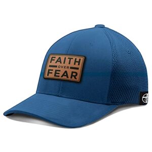 our true god faith over fear leather patch flexfit hat - baseball cap men breathable flex fit ultrafibre airmesh fitted cap (royal blue, small-medium, m)