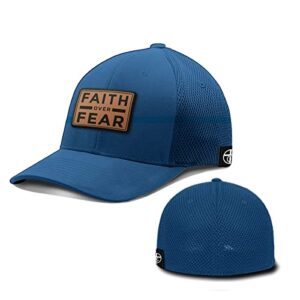 Our True God Faith Over Fear Leather Patch Flexfit Hat - Baseball Cap Men Breathable Flex Fit Ultrafibre Airmesh Fitted Cap (Royal Blue, Small-Medium, m)