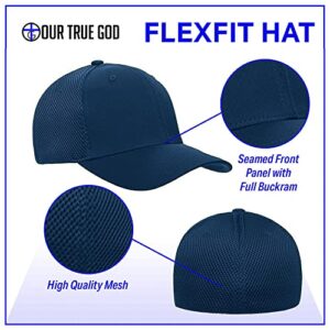 Our True God Faith Over Fear Leather Patch Flexfit Hat - Baseball Cap Men Breathable Flex Fit Ultrafibre Airmesh Fitted Cap (Royal Blue, Small-Medium, m)