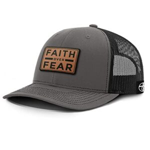our true god faith over fear leather patch back mesh hat christian motivational baseball cap (charcoal front/black mesh), medium-large