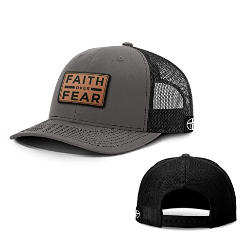 Our True God Faith Over Fear Leather Patch Back Mesh Hat Christian Motivational Baseball Cap (Charcoal Front/Black Mesh), Medium-Large