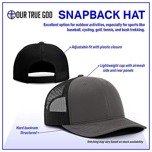 Our True God Faith Over Fear Leather Patch Back Mesh Hat Christian Motivational Baseball Cap (Charcoal Front/Black Mesh), Medium-Large