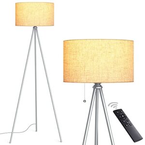 tripod floor lamp, upgraded large lamp shade, modern floor lamp with 4 color temperature led bulb, standing lamp with remote control, mid century floor lamp for living room, bedroom, silver grey