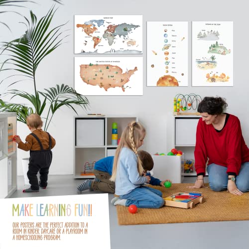 Educational Posters for Toddlers 11x17 inches - Preschool Posters - Worldmap, Solar System Poster, Seasons Chart, USA Map - Nursery Wall Decor - Set of 4 Learning Classroom Posters for Home Kindergarten - Unframed