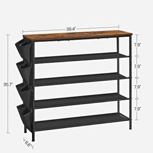 VASAGLE 5 Tier Extra Long Shoe Rack, 39.4 Inches Shoe Organizer with 8 Side Pockets, Shoe Shelf for Closet Entryway, with 4 Fabric Shelves, Steel Frame, Industrial, Rustic Brown and Black ULBS039B01