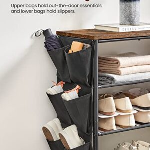 VASAGLE 5 Tier Extra Long Shoe Rack, 39.4 Inches Shoe Organizer with 8 Side Pockets, Shoe Shelf for Closet Entryway, with 4 Fabric Shelves, Steel Frame, Industrial, Rustic Brown and Black ULBS039B01