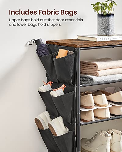 VASAGLE 5 Tier Extra Long Shoe Rack, 39.4 Inches Shoe Organizer with 8 Side Pockets, Shoe Shelf for Closet Entryway, with 4 Fabric Shelves, Steel Frame, Industrial, Rustic Brown and Black ULBS039B01