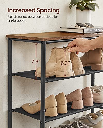 VASAGLE 5 Tier Extra Long Shoe Rack, 39.4 Inches Shoe Organizer with 8 Side Pockets, Shoe Shelf for Closet Entryway, with 4 Fabric Shelves, Steel Frame, Industrial, Rustic Brown and Black ULBS039B01