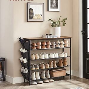 VASAGLE 5 Tier Extra Long Shoe Rack, 39.4 Inches Shoe Organizer with 8 Side Pockets, Shoe Shelf for Closet Entryway, with 4 Fabric Shelves, Steel Frame, Industrial, Rustic Brown and Black ULBS039B01
