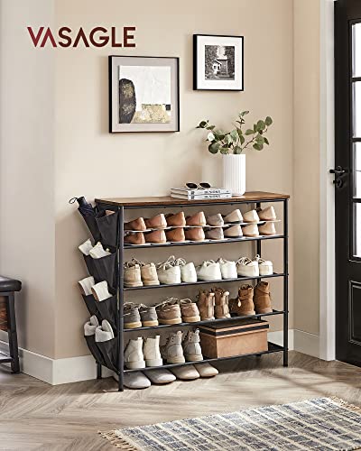 VASAGLE 5 Tier Extra Long Shoe Rack, 39.4 Inches Shoe Organizer with 8 Side Pockets, Shoe Shelf for Closet Entryway, with 4 Fabric Shelves, Steel Frame, Industrial, Rustic Brown and Black ULBS039B01