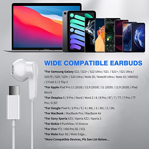 USB C Headphones for iPad Pro, Type C Wired Earphones Noise Cancelling Earbuds with Mic Stereo Volume Control for Samsung S23 Ultra S22 A53 Galaxy Z Flip 5 Pixel 7 7A 7Pro Tablet Fold OnePlus 11 10 9