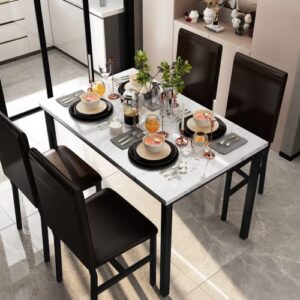 lamerge dining table set for 4,faux marble table and 4 pu leather chairs,5 pieces kitchen table and chairs for 4,modern dining room table sets for small spaces,living room, breakfast nook,white