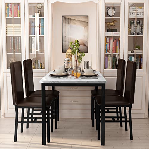 Lamerge Dining Table Set for 4,Faux Marble Table and 4 PU Leather Chairs,5 Pieces Kitchen Table and Chairs for 4,Modern Dining Room Table Sets for Small Spaces,Living Room, Breakfast Nook,White