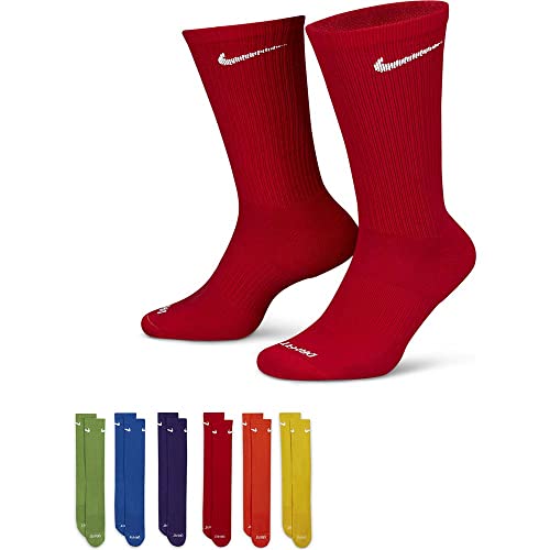 Nike Unisex 6 Pack Sports Dri-Fit Moisture Wicking Athletic Crew Socks Red Yellow Blue Green Purple Orange White (Medium)