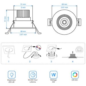 2Inch LED Recessed Ceiling Light, 3W Dimmable LED Downlight, 60 Beam Angle COB Recessed Lights with Driver, Daylight White 5000K-5500K, 25W Halogen Bulbs Equivalent for Ceiling Lighting, 10Pack