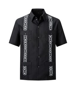 men's guayabera shirts short sleeve casual snap shirts(black xl)