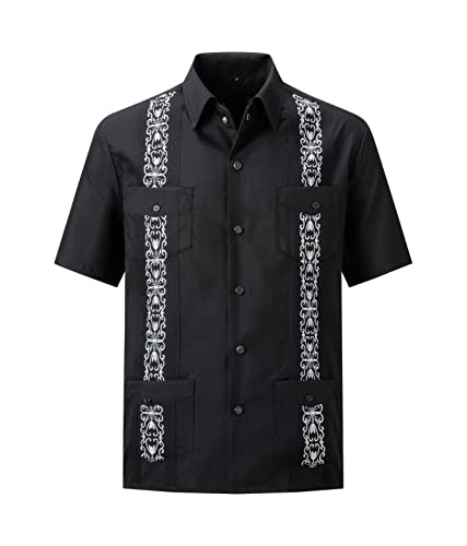 Men's Guayabera Shirts Short Sleeve Casual Snap Shirts(Black XL)