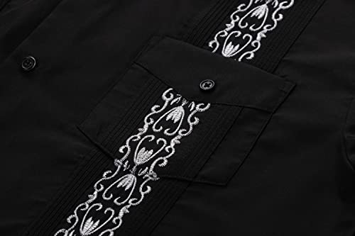 Men's Guayabera Shirts Short Sleeve Casual Snap Shirts(Black XL)