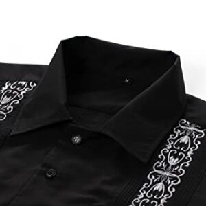 Men's Guayabera Shirts Short Sleeve Casual Snap Shirts(Black XL)