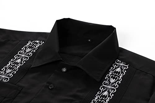 Men's Guayabera Shirts Short Sleeve Casual Snap Shirts(Black XL)