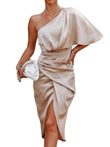 cupshe women satin dress backless one shoulder flared short sleeves mid length high low hem cocktail party dress champagne with zipper m