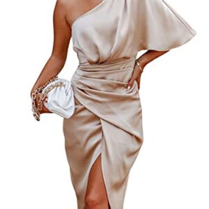 CUPSHE Women Satin Dress Backless One Shoulder Flared Short Sleeves Mid Length High Low Hem Cocktail Party Dress Champagne with Zipper M