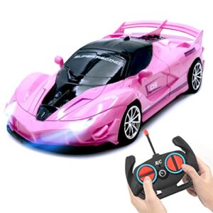 remote control car for kids- rc sport racing for girls hobby toy, electric power on road high speed drift model vehicle with led headlight and controller rechargeable, adults xmas birthday gifts pink