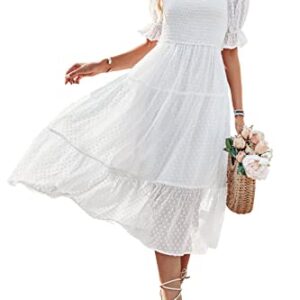 MEROKEETY Women's White Dress Summer Square Neck Puff Sleeve Boho Midi Dress Swiss Dot Ruffle Flowy Tie Back Dress, White, S