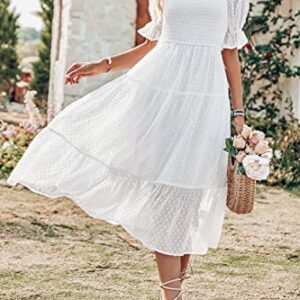 MEROKEETY Women's White Dress Summer Square Neck Puff Sleeve Boho Midi Dress Swiss Dot Ruffle Flowy Tie Back Dress, White, S