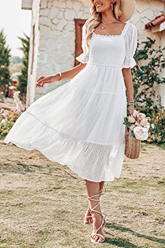 MEROKEETY Women's White Dress Summer Square Neck Puff Sleeve Boho Midi Dress Swiss Dot Ruffle Flowy Tie Back Dress, White, S