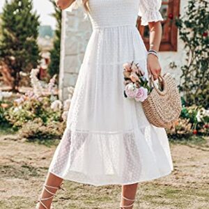 MEROKEETY Women's White Dress Summer Square Neck Puff Sleeve Boho Midi Dress Swiss Dot Ruffle Flowy Tie Back Dress, White, S