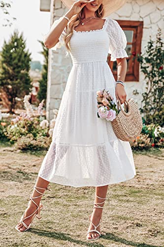 MEROKEETY Women's White Dress Summer Square Neck Puff Sleeve Boho Midi Dress Swiss Dot Ruffle Flowy Tie Back Dress, White, S