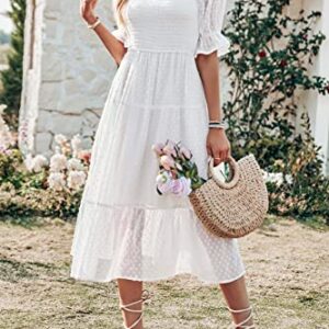 MEROKEETY Women's White Dress Summer Square Neck Puff Sleeve Boho Midi Dress Swiss Dot Ruffle Flowy Tie Back Dress, White, S