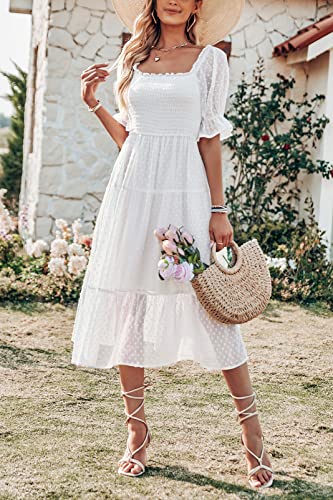 MEROKEETY Women's White Dress Summer Square Neck Puff Sleeve Boho Midi Dress Swiss Dot Ruffle Flowy Tie Back Dress, White, S