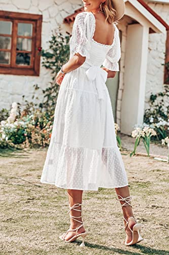 MEROKEETY Women's White Dress Summer Square Neck Puff Sleeve Boho Midi Dress Swiss Dot Ruffle Flowy Tie Back Dress, White, S