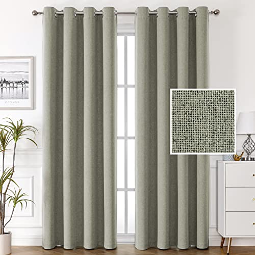 100% Blackout Faux Linen Curtains 96 inches Long Thermal Curtains for Living Room Textured Burlap Curtains with Double Face Linen Grommet Soundproof Bedroom Curtains 52 x 96 Inch, 2 Panels - Sage