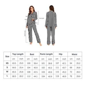 DUWMCON Striped Silk Satin Sleepwear for Women Pajama Set Long Sleeve Button Down Nightwear Two Piece Loungewear Pjs Set Black Striped XS