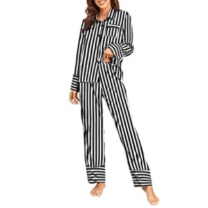 duwmcon striped silk satin sleepwear for women pajama set long sleeve button down nightwear two piece loungewear pjs set black striped xs