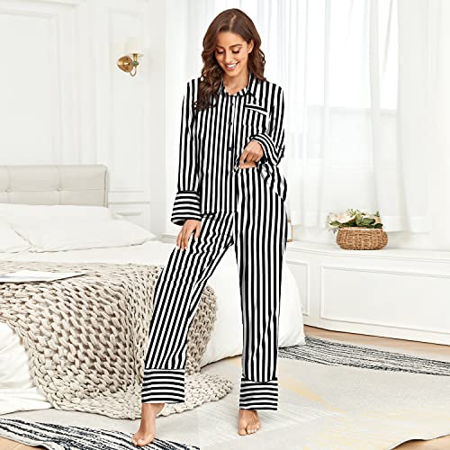 DUWMCON Striped Silk Satin Sleepwear for Women Pajama Set Long Sleeve Button Down Nightwear Two Piece Loungewear Pjs Set Black Striped XS