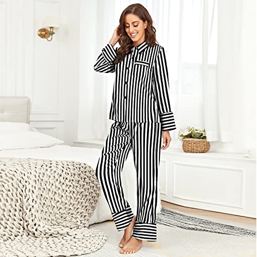 DUWMCON Striped Silk Satin Sleepwear for Women Pajama Set Long Sleeve Button Down Nightwear Two Piece Loungewear Pjs Set Black Striped XS