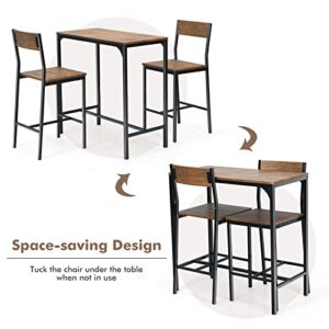Giantex 3 Piece Pub Table Set, Bar Table and Chairs Set of 2, Kitchen Counter Height Bistro Dinette Hightop Dining Table Set for Small Space Apartment Breakfast Nook Restaurant, Rustic Brown