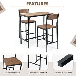 Giantex 3 Piece Pub Table Set, Bar Table and Chairs Set of 2, Kitchen Counter Height Bistro Dinette Hightop Dining Table Set for Small Space Apartment Breakfast Nook Restaurant, Rustic Brown