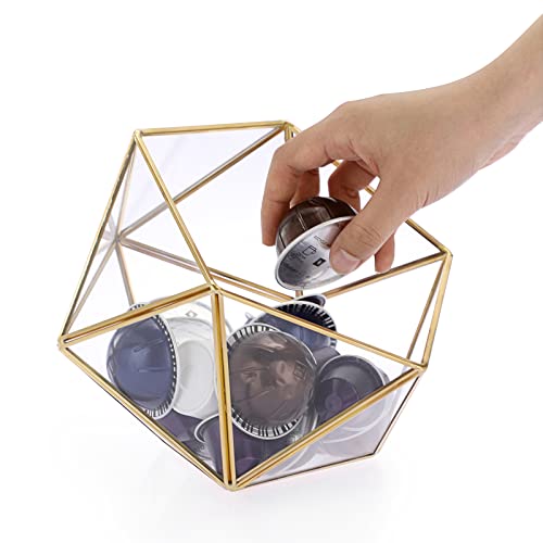 ELLDOO Gold Glass Coffee Pods Holder, 15 Sided Geometric Box Coffee Pod Organizer for K Cup Espresso, Tea Bags Sugar Packets Coffee Capsule Storage Holder for Kitchen Coffee Bar Office Desktop Counter