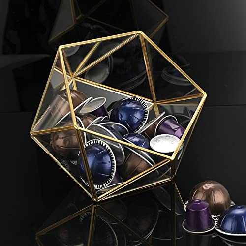 ELLDOO Gold Glass Coffee Pods Holder, 15 Sided Geometric Box Coffee Pod Organizer for K Cup Espresso, Tea Bags Sugar Packets Coffee Capsule Storage Holder for Kitchen Coffee Bar Office Desktop Counter