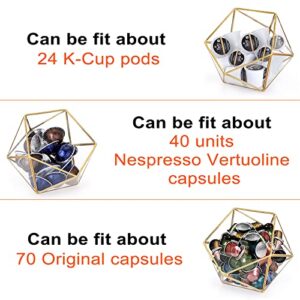 ELLDOO Gold Glass Coffee Pods Holder, 15 Sided Geometric Box Coffee Pod Organizer for K Cup Espresso, Tea Bags Sugar Packets Coffee Capsule Storage Holder for Kitchen Coffee Bar Office Desktop Counter